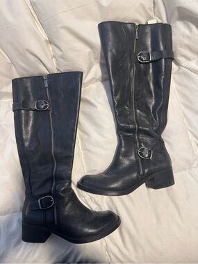 Lucky Brand Black Over-the-Knee Leather Boots with Buckle Accent
